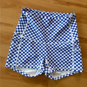 Blue and White Checkered Bike Shorts with High Waist